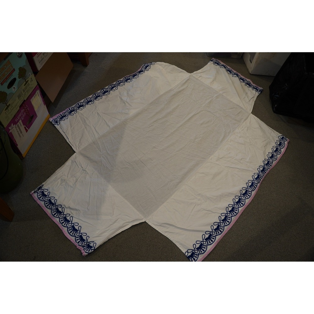 Pottery Barn Kids Crib Skirt 28x52 White Navy Blue Pink Embroidery Good